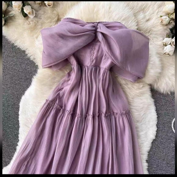 Elegant Off Shoulder Lavender Strapless Chiffon Bow Ruffle Tulle Dress - Picture 3 of 17